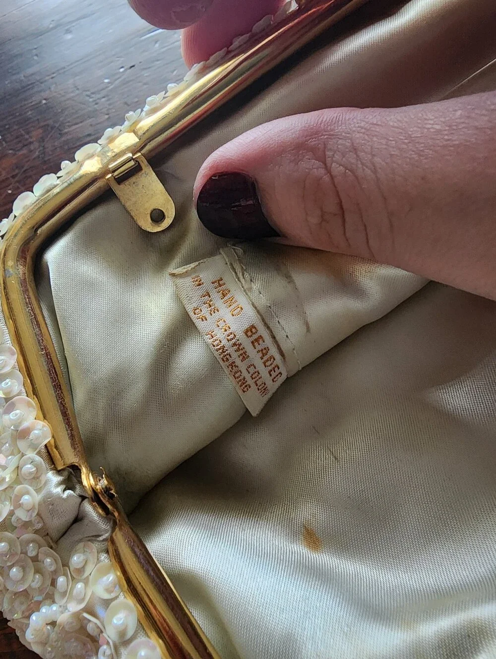 Vintage Evening Clutch Purse White Hand Beaded Hong Kong Wedding Prom DAMAGED